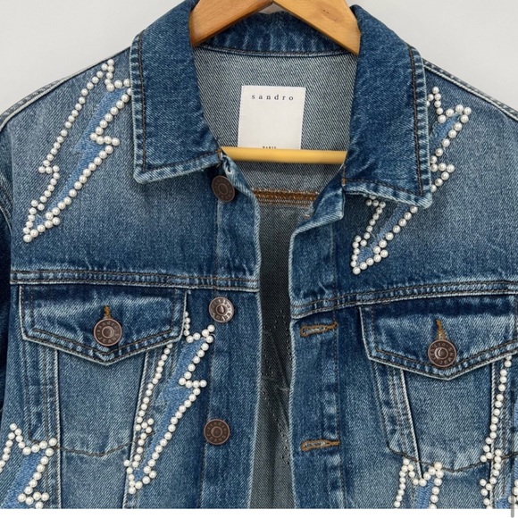 Sandro Pearl Lightning Bolt Cropped Denim Crop Jean Jacket - Picture 6 of 13
